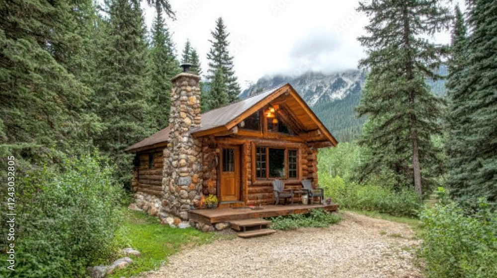 Rustic Log Cabin nestled in the mountains, tranquil escape amidst nature's beauty Rustic Log Cabin nestled in the mountains, tranquil escape amidst nature's beauty