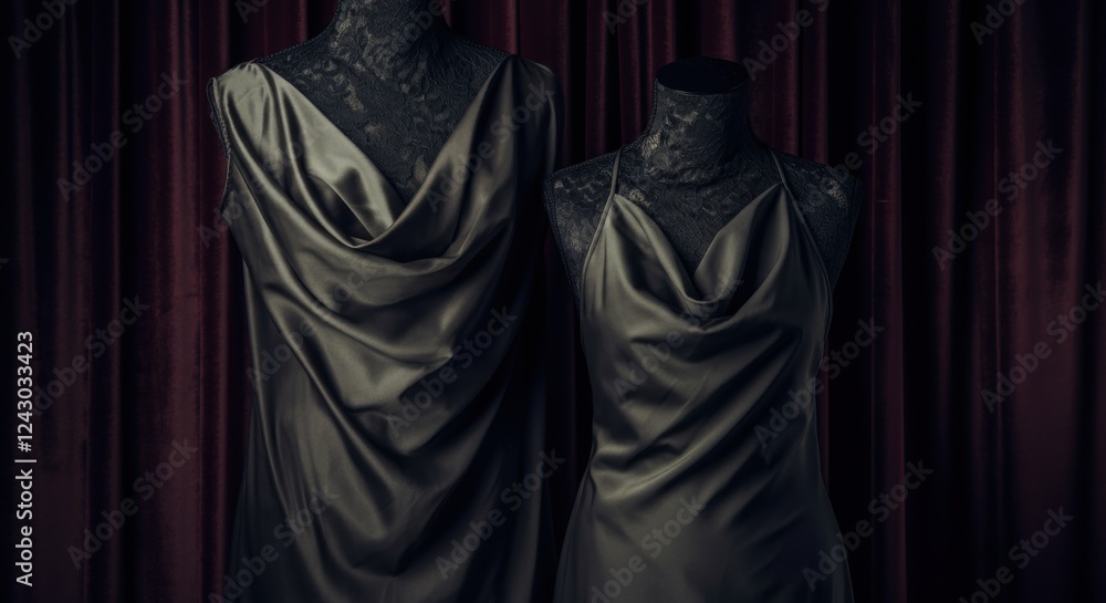 Elegant satin evening dresses on mannequins against luxurious velvet curtain background Elegant satin evening dresses on mannequins against luxurious velvet curtain background