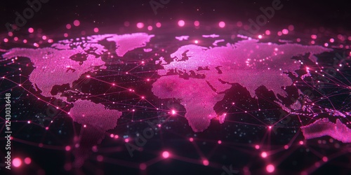 A detailed representation of a world map highlighted in pink hues, showcasing interconnected network lines and nodes. The visual emphasizes global connectivity and technology