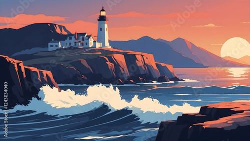 Minimalist vector-style landscape of a rugged coastal lighthouse under a dramatic sunset