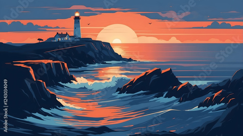 vector-style landscape of a rugged coastal lighthouse under a dramatic sunset sky