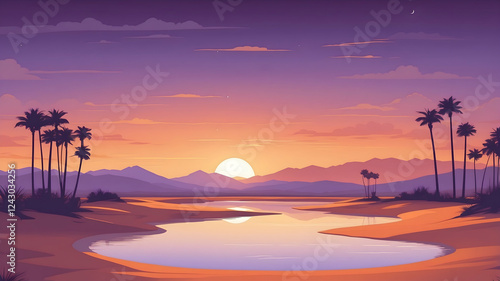 Minimalist vector-style landscape of a vast desert with palm trees under a vibrant sunset