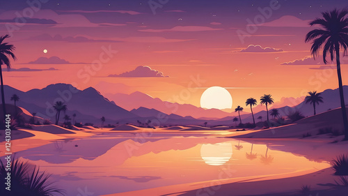 Minimalist vector-style landscape of a vast desert with palm trees under a vibrant sunset