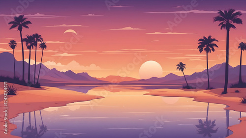 Minimalist vector-style landscape of a vast desert with palm trees under a vibrant sunset