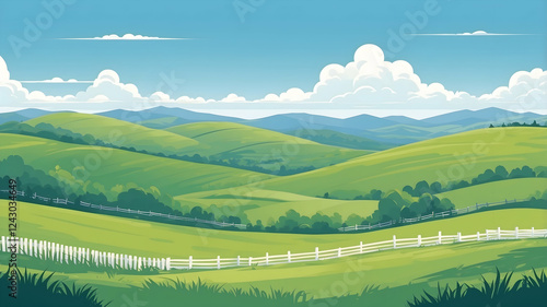 Minimalist vector-style landscape of rolling green hills with a bright blue sky and fluffy
