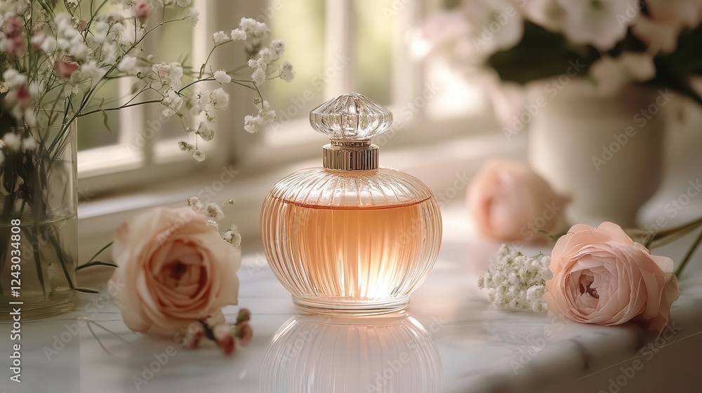 Obraz premium Perfume bottle on vanity, close-up of elegant perfume bottle with floral accents