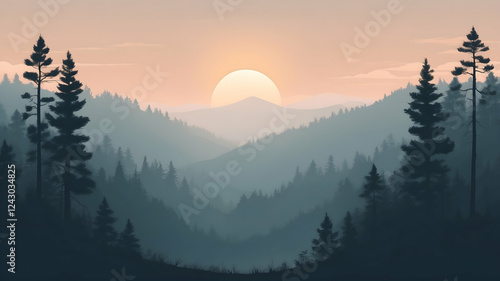 Minimalist flat illustration of a dense pine forest at sunrise with misty mountains in the background