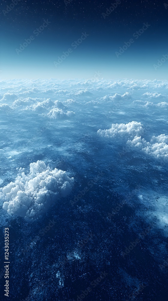 Fototapeta premium A breathtaking aerial view of pristine ocean waters, dotted with fluffy clouds under a vast blue sky, creating a serene and tranquil atmosphere.