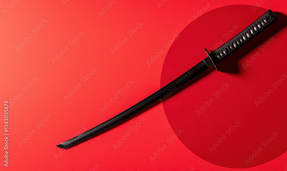Elegant Japanese Katana Against Bold Red Backdrop: A Fusion of Tradition and Minimalist Aesthetics in Samurai Weaponry Elegant Japanese Katana Against Bold Red Backdrop: A Fusion of Tradition and Minimalist Aesthetics in Samurai Weaponry