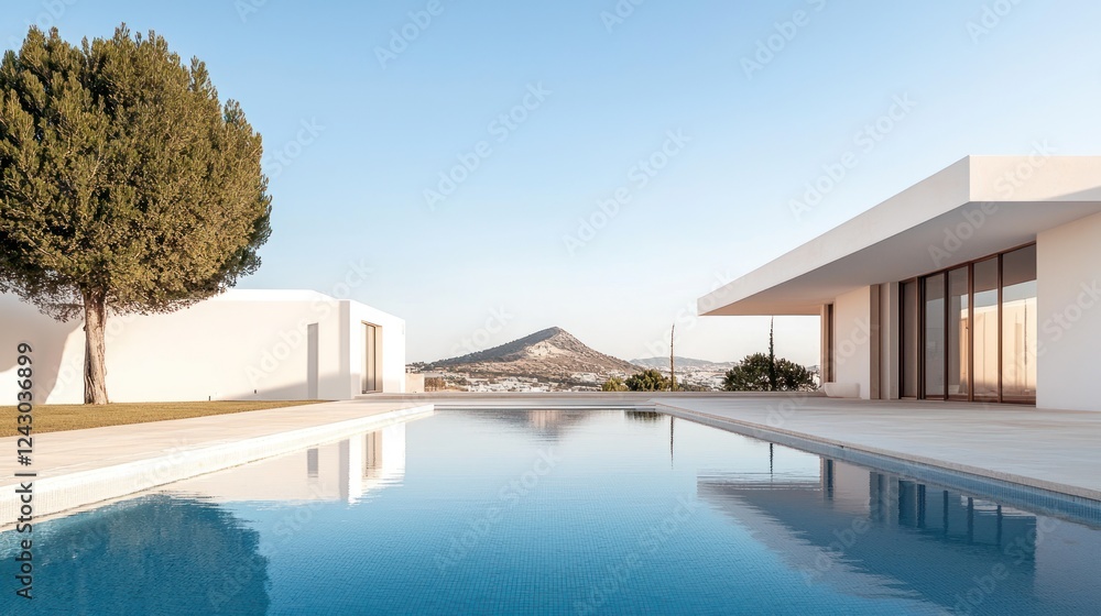 Fototapeta premium Modern Minimalist White Villa with Infinity Pool and Hill View