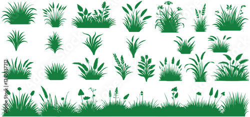 green grass line cad and silhouettes isolated on white background. Ground cover. Illustration for elevation architectural element, side view, grass section vector illustration