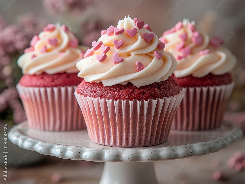 A display of red velvet cupcakes decorated with creamy frosting and heart-shaped sprinkles, ideal for celebrations and special occasions A display of red velvet cupcakes decorated with creamy frosting and heart-shaped sprinkles, ideal for celebrations and special occasions