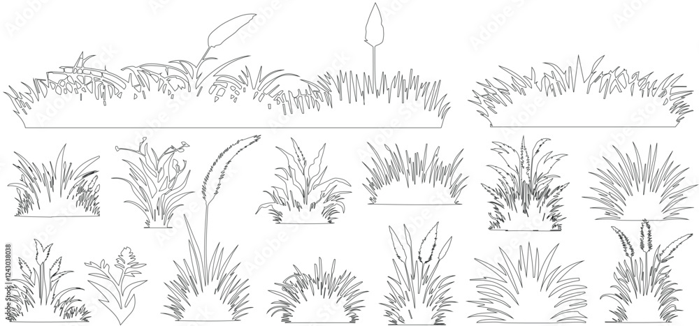 Plant elevation line silhouettes outline - grass, shrub, tree set vector illustration Plant elevation line silhouettes outline - grass, shrub, tree set vector illustration