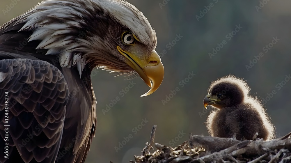 Fototapeta premium Majestic Bald Eagle and its Newborn Chick in Nest