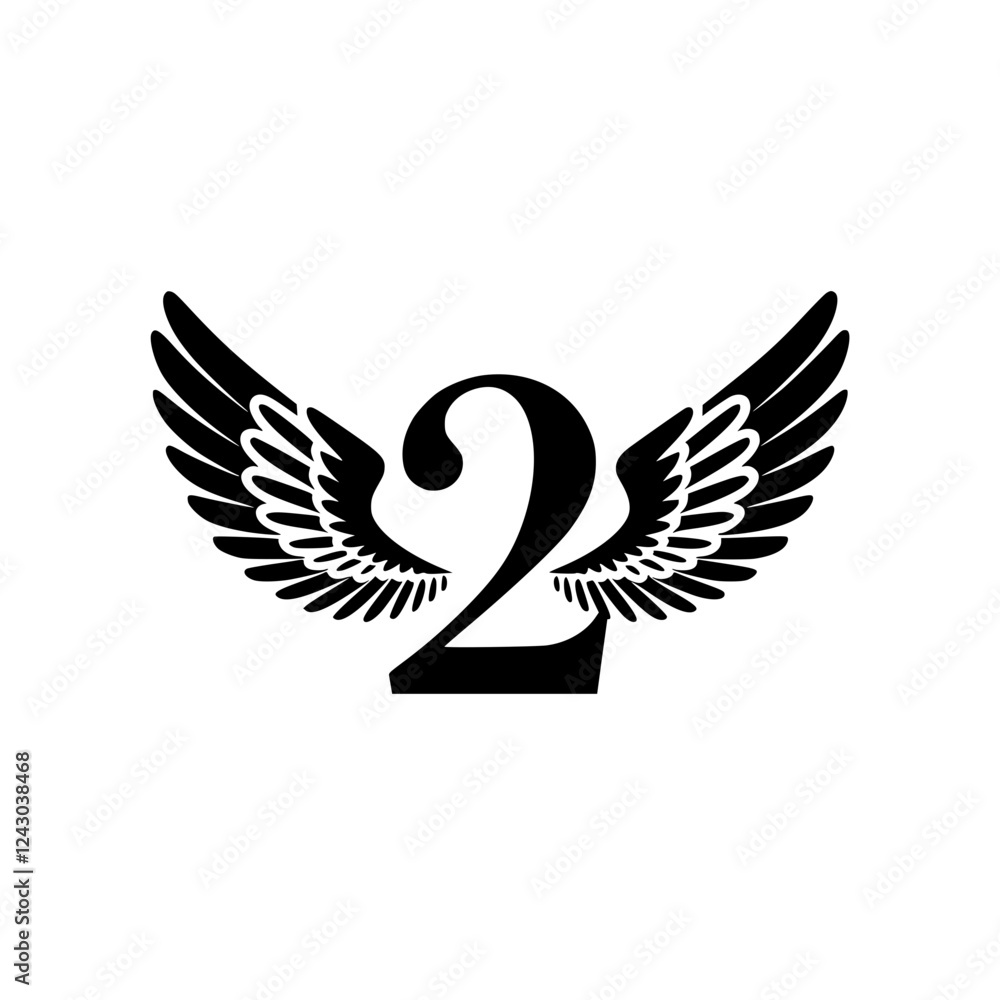 Obraz premium Winged Number 2 Black Logo Design, Black number 2 with symmetrical wings, creating a bold and stylish logo. Ideal for branding, aviation, teamwork, sports, or creative identity. 