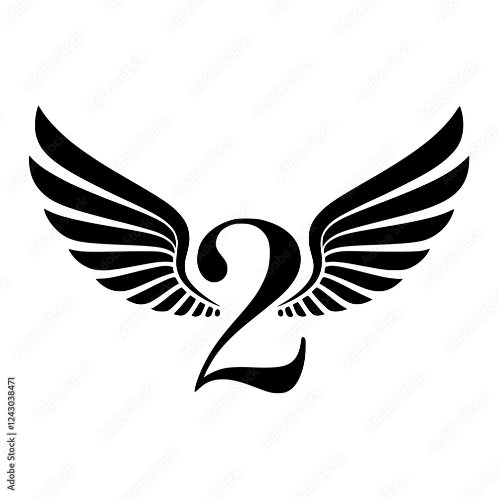 Obraz premium Winged Number 2 Black Logo Design, Black number 2 with symmetrical wings, creating a bold and stylish logo. Ideal for branding, aviation, teamwork, sports, or creative identity. 