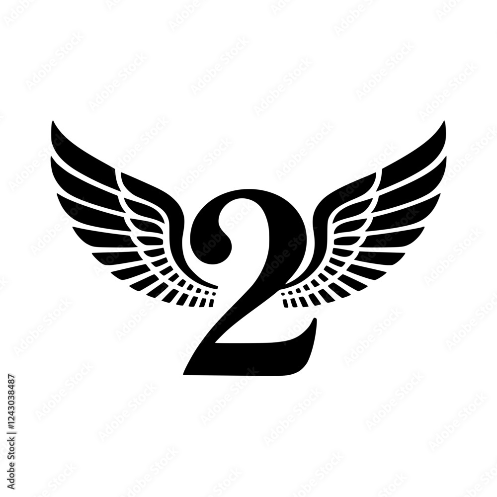 Obraz premium Winged Number 2 Black Logo Design, Black number 2 with symmetrical wings, creating a bold and stylish logo. Ideal for branding, aviation, teamwork, sports, or creative identity. 
