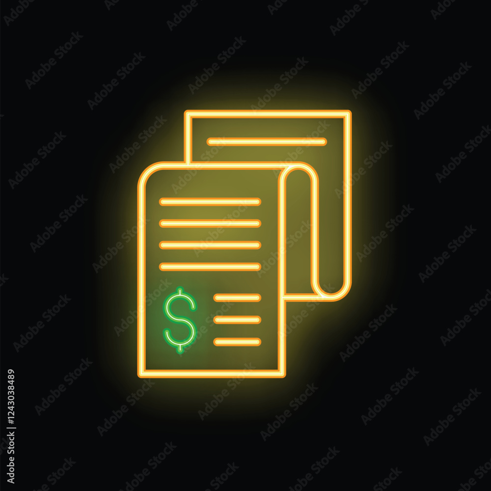Glowing neon line icon of a financial invoice with a dollar sign, illustrating a business concept Glowing neon line icon of a financial invoice with a dollar sign, illustrating a business concept
