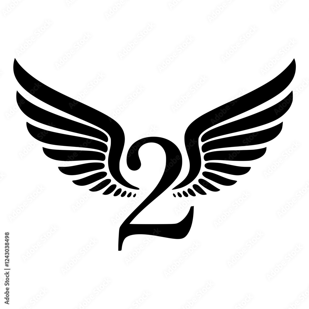 Obraz premium Winged Number 2 Black Logo Design, Black number 2 with symmetrical wings, creating a bold and stylish logo. Ideal for branding, aviation, teamwork, sports, or creative identity. 