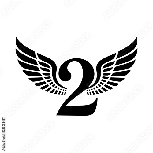 Winged Number 2 Black Logo Design, Black number 2 with symmetrical wings, creating a bold and stylish logo. Ideal for branding, aviation, teamwork, sports, or creative identity.  
  
