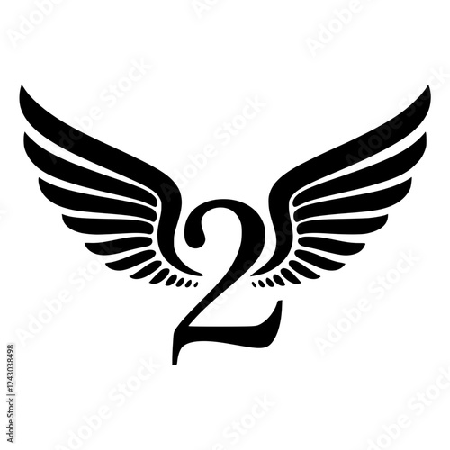 Winged Number 2 Black Logo Design, Black number 2 with symmetrical wings, creating a bold and stylish logo. Ideal for branding, aviation, teamwork, sports, or creative identity.  
  
