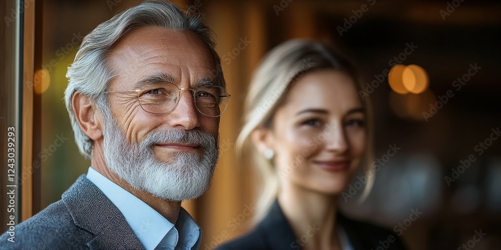 A middle-aged man with glasses and a beard stands proudly next to a young woman with long hair, both smiling. They are in a modern office filled with natural light A middle-aged man with glasses and a beard stands proudly next to a young woman with long hair, both smiling. They are in a modern office filled with natural light