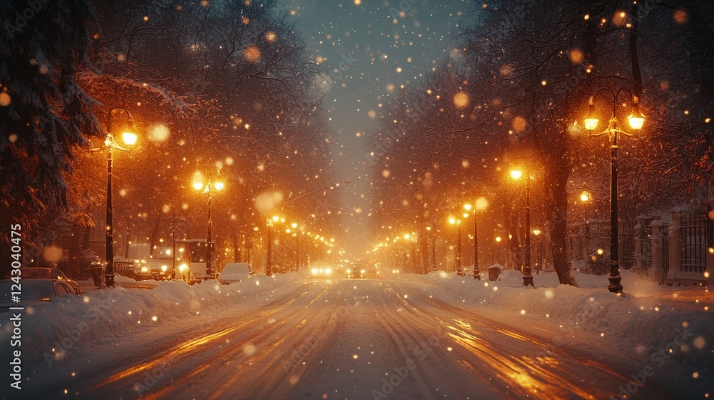 Winter Evening on a Snowy Street With Glowing Lamps. Generative AI Winter Evening on a Snowy Street With Glowing Lamps. Generative AI