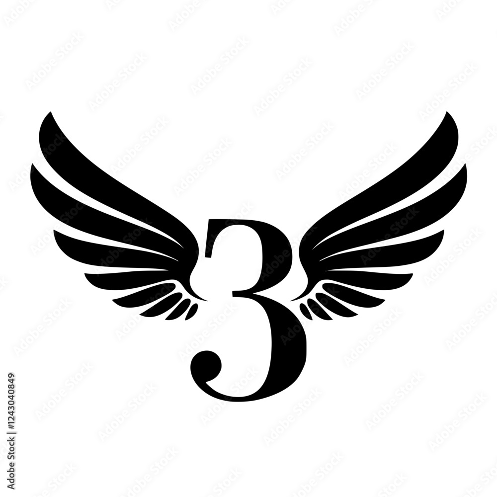 Fototapeta premium Winged Number 3 Black Logo Design, Black number 3 with symmetrical wings, creating a bold and stylish logo. Ideal for branding, aviation, creativity, sports, or business identity. 