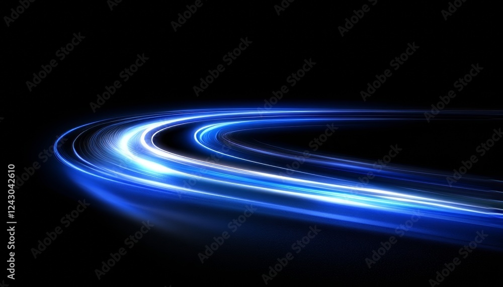 Fototapeta premium Dynamic Electric Blue Light Trails, Curved Road, Night Drive, Vector Art Illustration