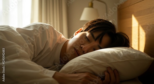 Portrait of Handsome Korean Young Man Getting Awaken by the Sun Shining Through his Window. Happy Asian Male Greets a New Sunny Day in his Bed, Feeling Thankful for all his Blessings
