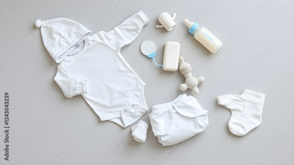 Obraz premium Newborn white bodysuit, hat, mittens, socks, diaper, soother, milk bottle, diaper and rattle toy on light gray blanket background. Baby goods set. Empty place for text. Generative AI
