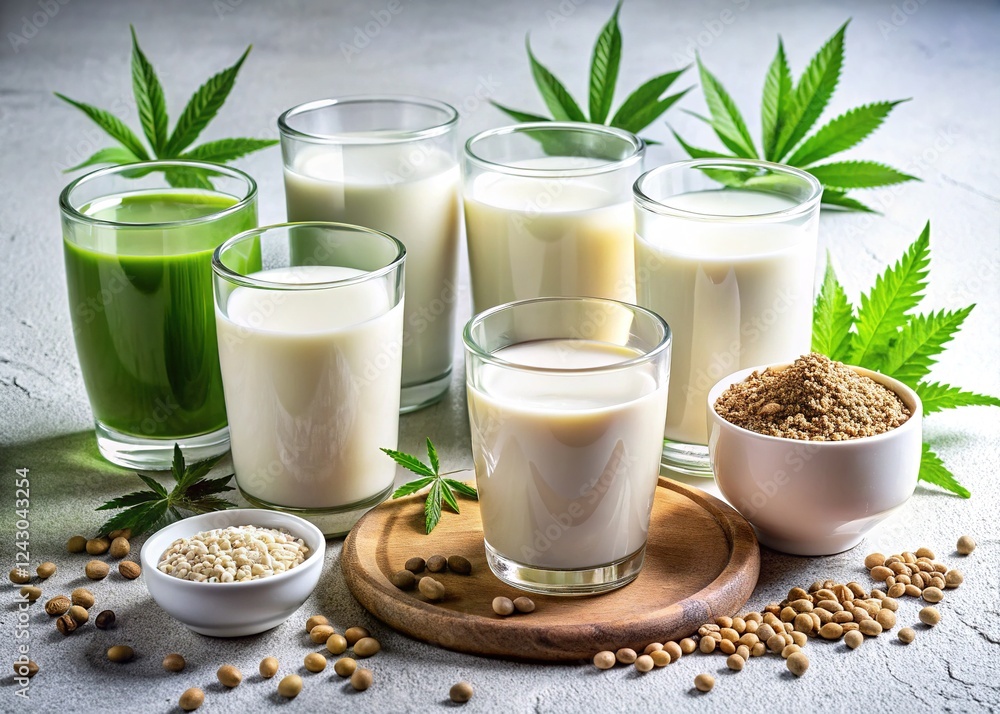 Glassware with Hemp Milk Collage on White Background