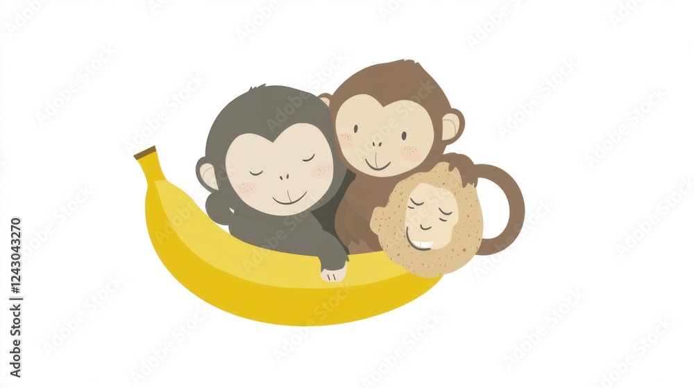 Three cartoon monkeys nestled in a yellow banana and a brown mug on a white background Three cartoon monkeys nestled in a yellow banana and a brown mug on a white background