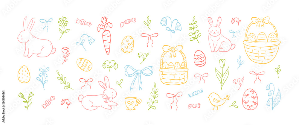Collection of doodle hand drawn cute elements for Easter. Drawing ink style. Spring pastel icons. Lovely bunnies, bows and ribbons, flowers and leaves, basket, eggs. Vintage vector illustration. Collection of doodle hand drawn cute elements for Easter. Drawing ink style. Spring pastel icons. Lovely bunnies, bows and ribbons, flowers and leaves, basket, eggs. Vintage vector illustration.