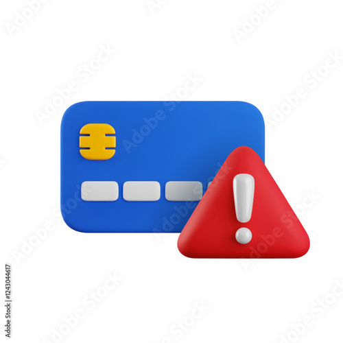 Vector cartoon 3d credit card will expire soon icon. Realistic 3d render of debit card and exclamation mark in red triangle. Online payment error, transaction problem concept, fraud warning symbol.