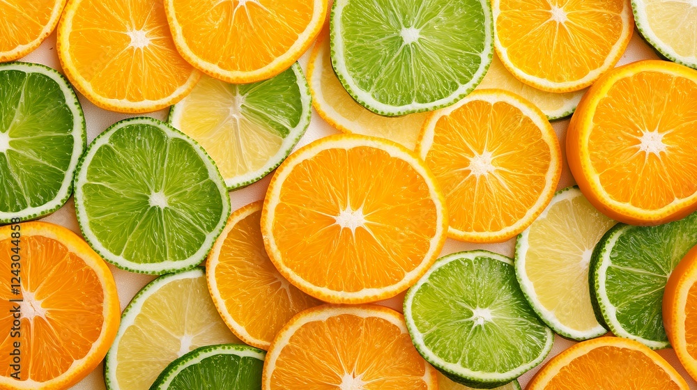Vibrant Citrus Slices Background Orange, Lime and Lemon Fruit Texture Vibrant Citrus Slices Background Orange, Lime and Lemon Fruit Texture
