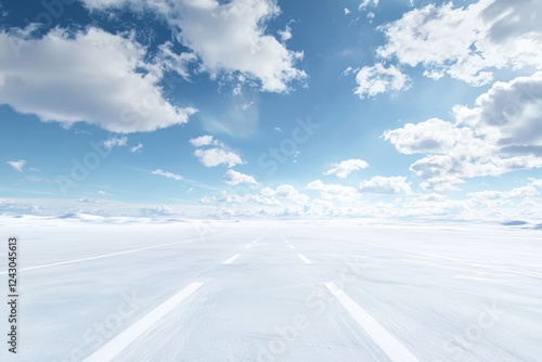 A broad perspective of an unoccupied airport runway under a clear blue sky with clouds, set for either takeoff or landing in ideal weather. photo