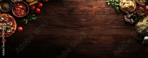 Wallpaper Mural Panoramic view of various pizza and pasta dishes on a dark wooden background with copy space, from a top-down perspective.  Torontodigital.ca