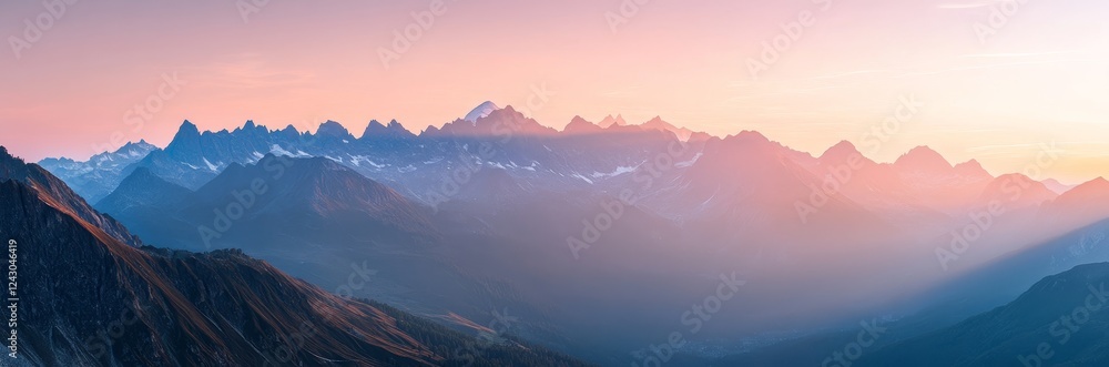 Sunset over majestic mountain range, panoramic view Sunset over majestic mountain range, panoramic view