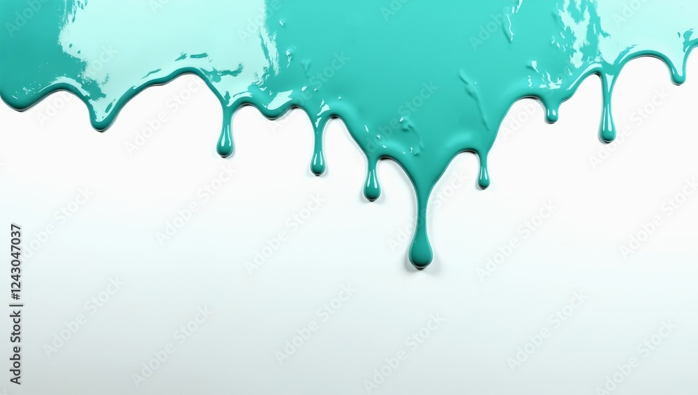 Image of thick, dense cyan paint dripping vertically onto a white wall with copy space.