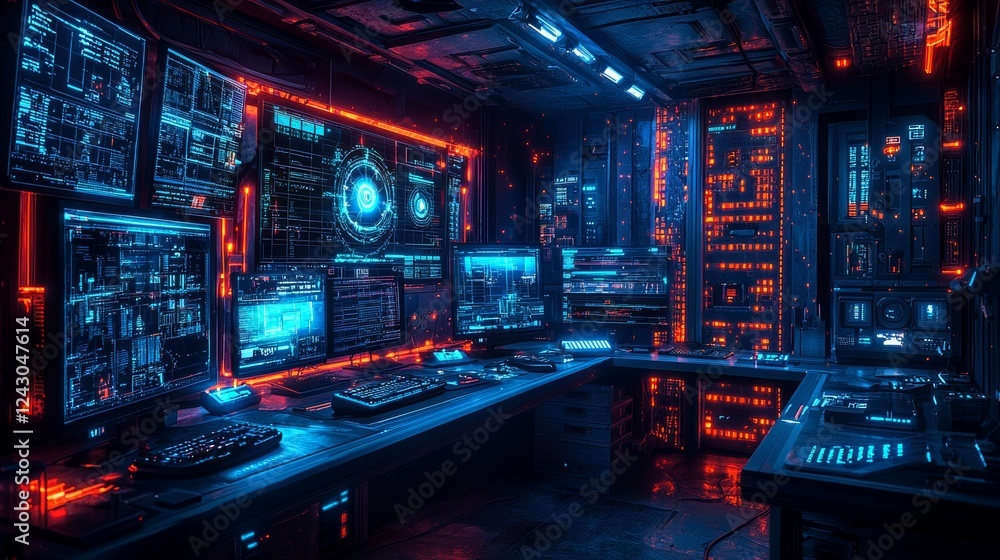 A futuristic defense system that shields a cluster of computers from digital dangers, with a sci-fi aesthetic A futuristic defense system that shields a cluster of computers from digital dangers, with a sci-fi aesthetic