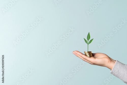 An artistic collage showing a handraising upward arrows with mounting stacks of coins, signifying sales growth and profit. Focus on investment, finance, business strategy, and savings photo