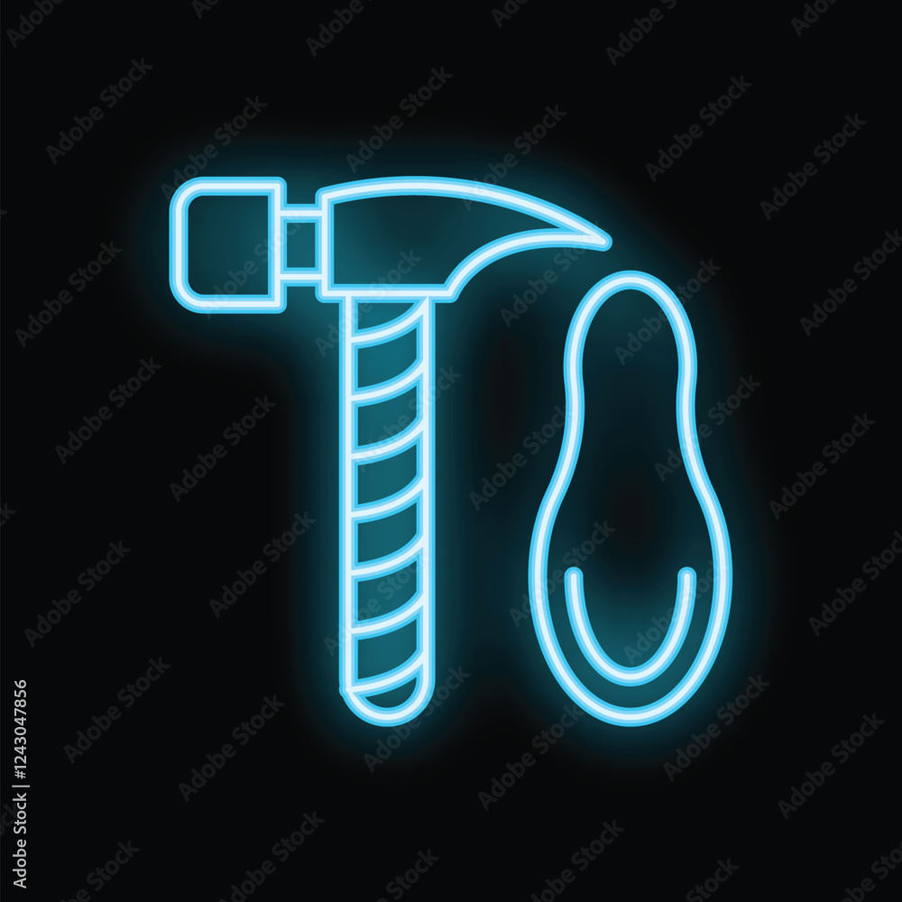 Glowing neon line icon of a hammer hitting a peanut representing the concept of peanut allergy