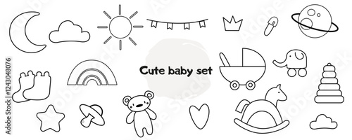 Cute newborn baby scribble doodle icons set. Hand drawn childish funny simple vector illustrations with sun, stars, clouds, toys, baby stroller, pacifier, booties