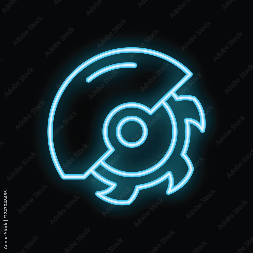 Bright blue neon icon of a circular saw cutting disc glowing on a black background Bright blue neon icon of a circular saw cutting disc glowing on a black background