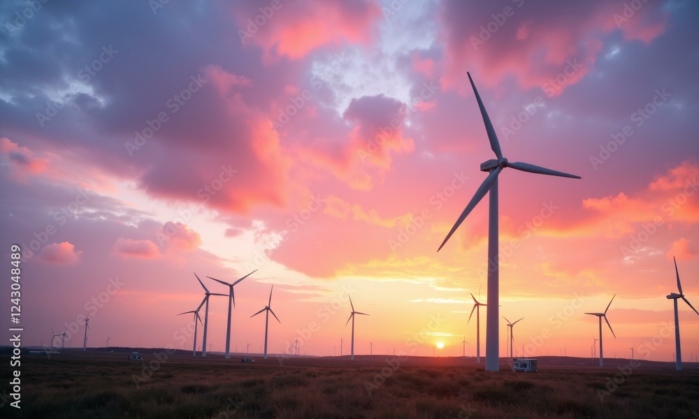 Obraz premium Eco-facilities in a tech park with towering wind turbines against a cloudy yet vibrant sky