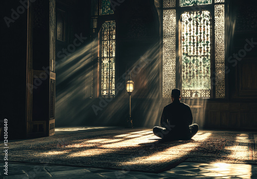 Man Meditating in Sunlit Mosque with Ornate Windows photo