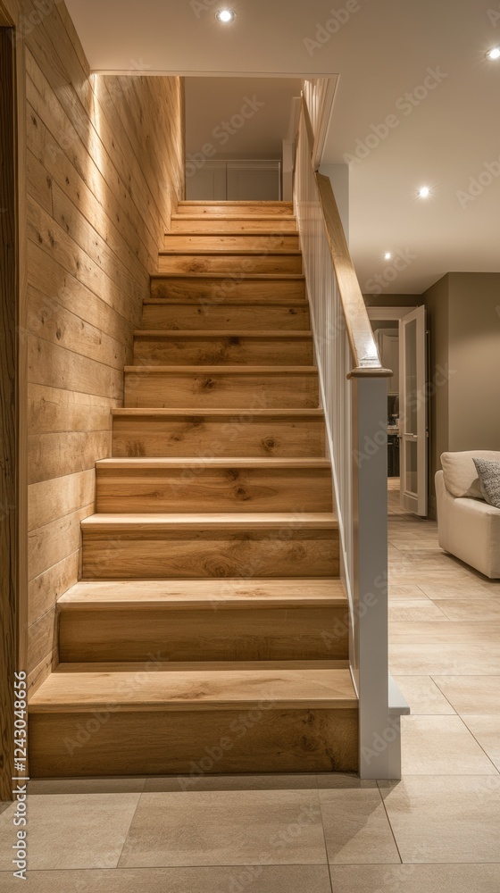 Obraz premium Elegant wooden staircase interior design modern home calm eye-level minimalism