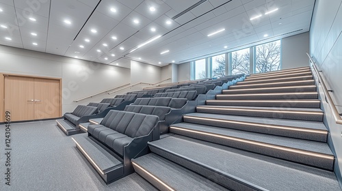 Modern auditorium with tiered seating and large windows.