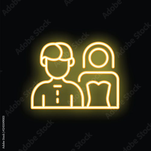 Yellow neon sign illuminating a bride and groom on their wedding day